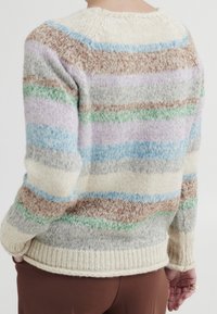 Persoon draagt een meerkleurige gestreepte gebreide trui met crème-, bruin-, groen-, grijs-, blauw- en paarstinten, gecombineerd met een bruine broek.