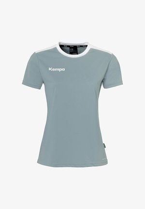 Lyst grå kortærmet atletisk t-shirt med hvide accenter. Har brandnavnet "Kempa" trykt i hvid på brystet. Blødt, glat stof.