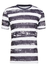 Tričko s krátkým rukávem se černobílými pruhy ve stylu štětce, kulatý výstřih, měkká textura a běžný střih.