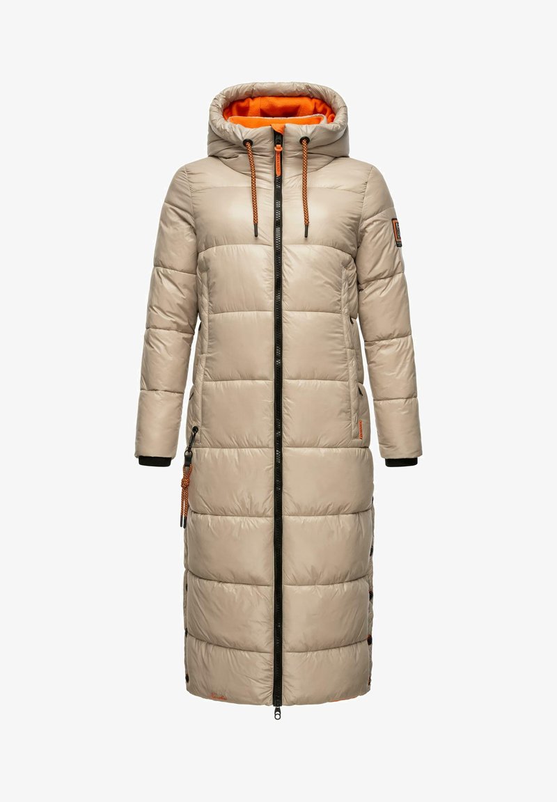 Beige puffer coat with a zip front, hood, and orange lining. Features a quilted pattern, black zippers, and cord accents.