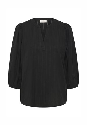 Black blouse with a V-neck and three-quarter puff sleeves. Features vertical pinstripes and a loose fit, made from a soft fabric.