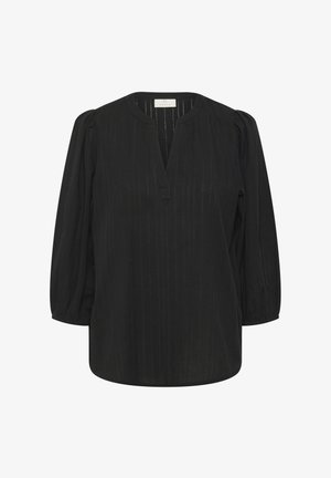 Black blouse with a V-neck and three-quarter puff sleeves. Features vertical pinstripes and a loose fit, made from a soft fabric.