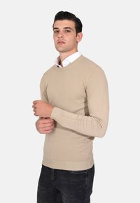 Maglione beige lavorato a maglia con colletto rotondo e maniche lunghe, con polsini e orlo a costine. Indossato sopra una camicia bianca con colletto.
