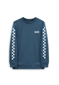 Blå sweatshirt i bomullsblandning, med vitt rutmönster längs ärmarna och en liten vit logotyp på bröstet.