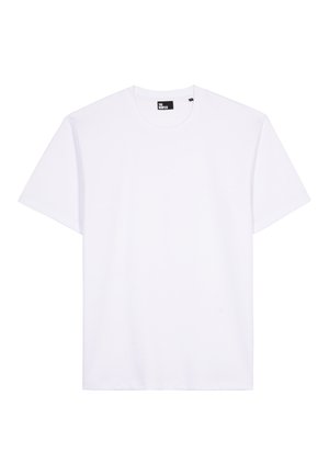 Witte T-shirt met korte mouwen en ronde hals, gemaakt van een gladde stof, met een zwart merkembleem aan de binnenkant van de halslijn.