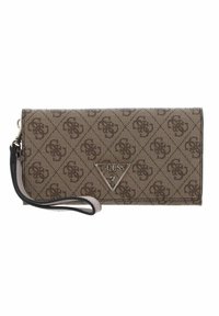 Portefeuille synthétique marron avec un motif en losanges, logo triangulaire métallique et une dragonne. Design compact avec une texture lisse.