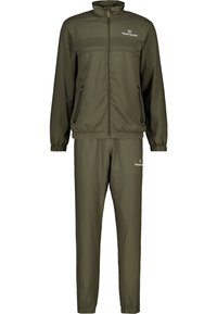 Olijfgroen trainingspak bestaande uit een jack met rits en ronde hals en bijpassende broek. Bevat ritszakken en elastische manchetten.