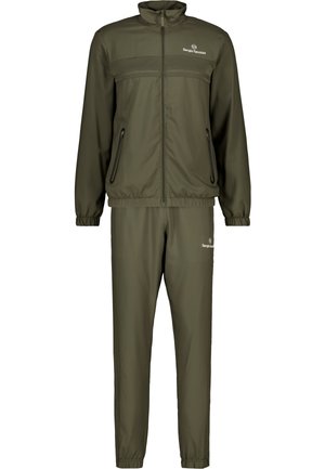 Olivgrüner Trainingsanzug bestehend aus einer Jacke mit Reißverschluss und Rundhalsausschnitt sowie passenden Hosen. Verfügt über Reißverschlusstaschen und elastische Bündchen.