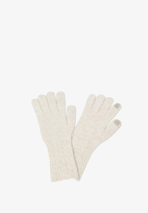 Cream knitted gloves with a textured pattern on the cuff. Features fingertip patch for touchscreen use. Soft, warm material.