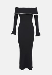 Zwarte off-shoulder lange mouwen jurk met witte rand op de halslijn en uitlopende mouwen, aansluitende pasvorm en een knielange zoom.