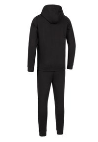 Zwarte katoenen trainingsoutfit met een hoodie en taps toelopende joggingbroek. Kenmerken zijn ribgebreide manchetten en zoom, een gladde textuur en een minimalistisch ontwerp.
