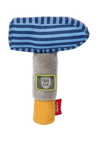 Toy tool shaped like a hammer with a blue and light blue striped fabric head, gray plush handle, and yellow corduroy base with a logo patch.
