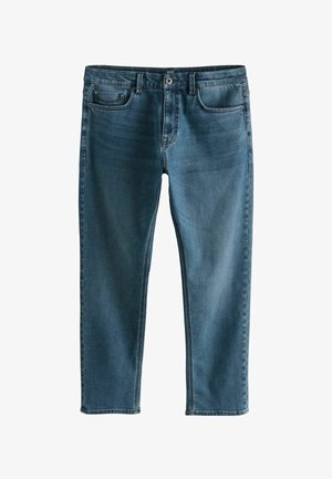 Jean en denim d'une teinte bleu moyen, doté de cinq poches, d'une coupe droite et de coutures caractéristiques le long des coutures.
