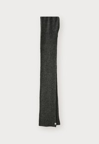 Knitted scarf in dark gray, rectangular shape, featuring a ribbed texture, with a small branded label at one end.