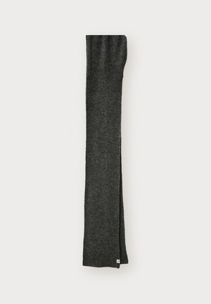 Knitted scarf in dark gray, rectangular shape, featuring a ribbed texture, with a small branded label at one end.