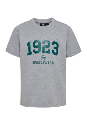 Grå kortærmet t-shirt lavet af blødt materiale, der har et stort grønt "1923" tryk og teksten "SPORTSWEAR" nedenfor i et kontrastdesign.