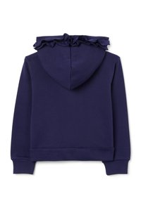 Sweat à capuche bleu marine avec un ourlet en volants sur la capuche, des poignets côtelés et une coupe décontractée. Tissu doux avec une texture lisse.