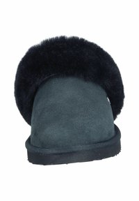 Black faux fur-lined dark gray slipper with a rounded toe, soft suede upper, and flat rubber sole. Simple design with no visible embellishments.