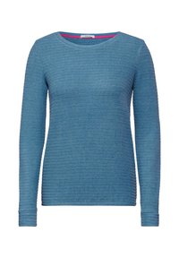 Langärmliges blaues Oberteil mit gerippter Textur, rundem Ausschnitt und kontrastierendem pinkfarbenem Innensaum. Hergestellt aus weichem, leichtem Material.