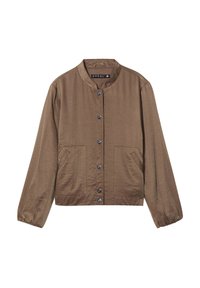 Giacca leggera marrone con colletto rotondo, chiusura con bottone, due tasche anteriori e maniche lunghe con polsini elasticizzati. Texture liscia.