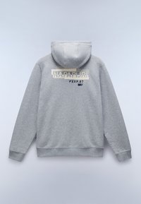 Sweatshirt à capuche gris avec un logo imprimé en crème et noir au dos, dotée de poignets et d'un ourlet côtelés pour ajouter de la texture.