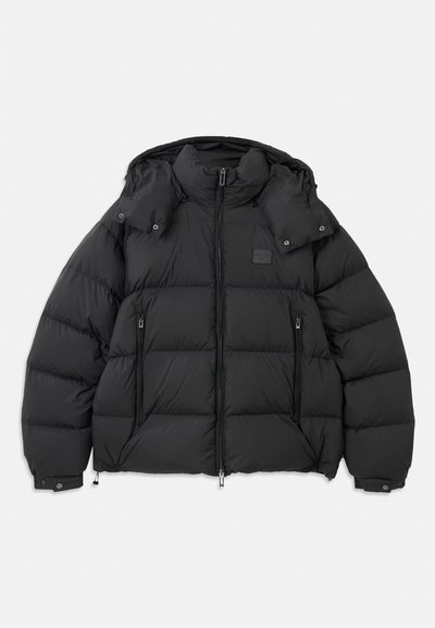 Black puffer jacket with a high collar, detachable hood, zipper front, and two zippered side pockets; features quilted panels.