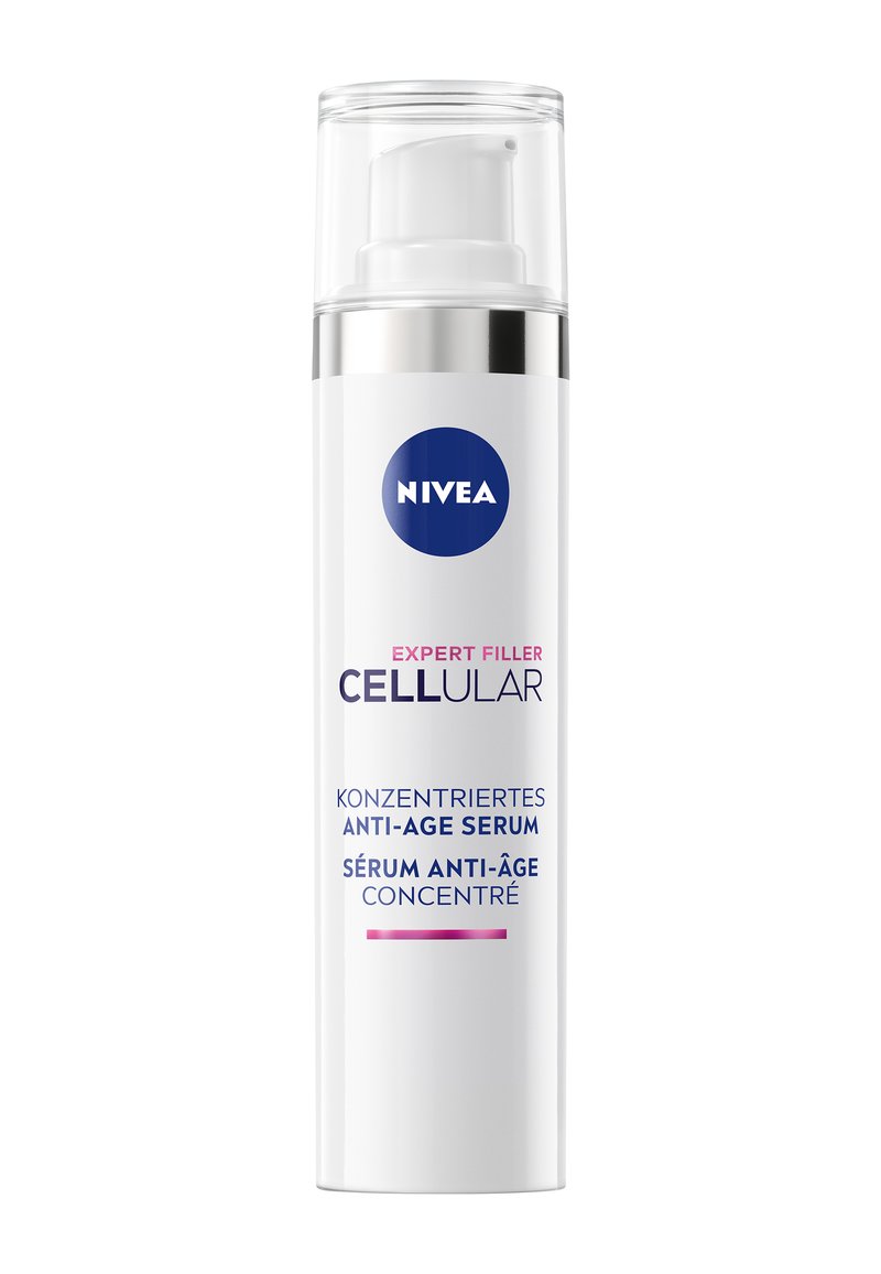 White cylindrical bottle with a clear pump dispenser. Features blue and pink text and a blue logo. Silver accent around the base.
