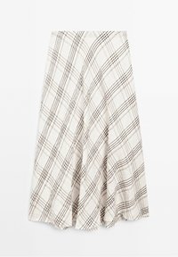 Jupe blanche mi-longue avec motif à carreaux diagonaux noir et beige, silhouette évasée en A et tissu texturé.