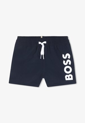 Marinefarbene Schwimmshorts mit elastischem Bund, weißem Kordelzug und auffälligem weißen "BOSS"-Logo auf der linken Seite. Glattes, leichtes Material.