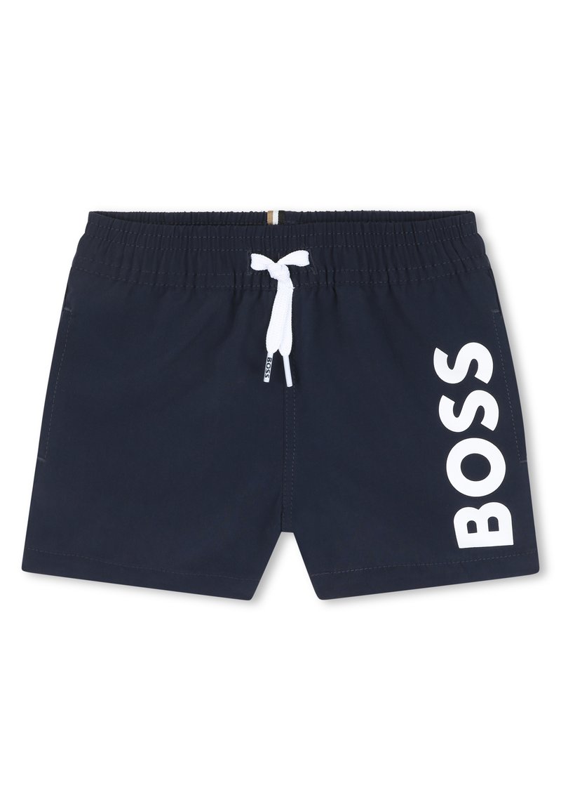 Mornarska kopalna kratke hlače z elastičnim pasom, belim vrvico in boldnim belim logotipom "BOSS" na levi strani. Gladek, lahek material.