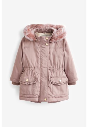Manteau d'hiver rose poudré pour enfants avec capuche en fausse fourrure, fermeture à boutons, deux poches à rabat volantées et taille élastiquée.