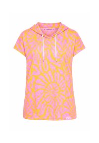 Top s krátkým rukávem a kapucí s abstraktním spirálovým vzorem v růžové a oranžové barvě a bílými šňůrkami.
