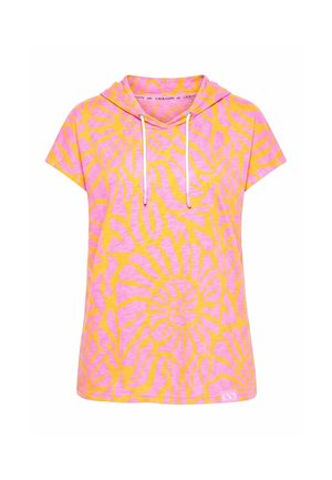 Korte mouw hoodietop met roze en oranje abstract spiraalpatroon en witte trekkoorden.
