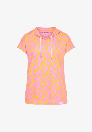 Korte mouw hoodietop met roze en oranje abstract spiraalpatroon en witte trekkoorden.