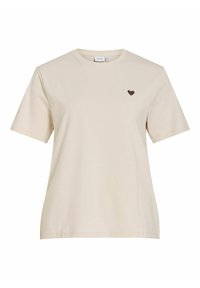 Beżowy bawełniany t-shirt z krótkimi rękawami, okrągłym dekoltem i małym brązowym serduszkiem na lewej piersi. Klasyczny, luźny krój.