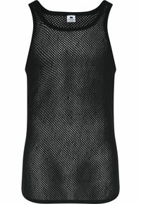Schwarzes Netz-Top mit breiten Schulterträgern, locker geschnitten und aus atmungsaktivem Material, ideal für warmes Wetter oder zum Layering.