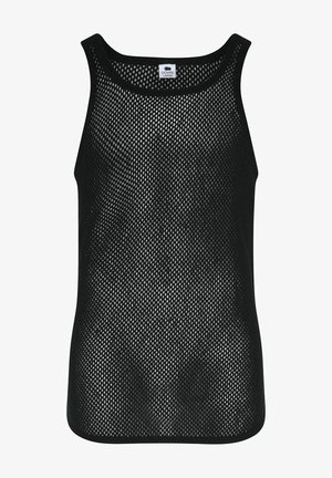 Sort mesh tank top med brede skulderstropper, der har en løs pasform og en åndbar tekstur, ideel til varme forhold eller lagdeling.