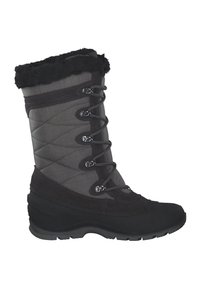 Schwarze und graue gesteppte Winterstiefel mit Kunstfellbesatz, Schnürung, Gummisohle und isoliertem Obermaterial für Wärme und Traktion.