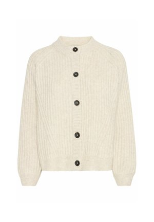 Cream ribbed knit cardigan featuring a high neck, central button placket with black buttons, and slightly puffed long sleeves.