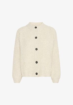 Kreem värvuses ribakudumist kardigan, millel on kõrge kaelus, keskel nööbiplokk mustade nööpidega ja kergelt puhvmitte pikad varrukad.