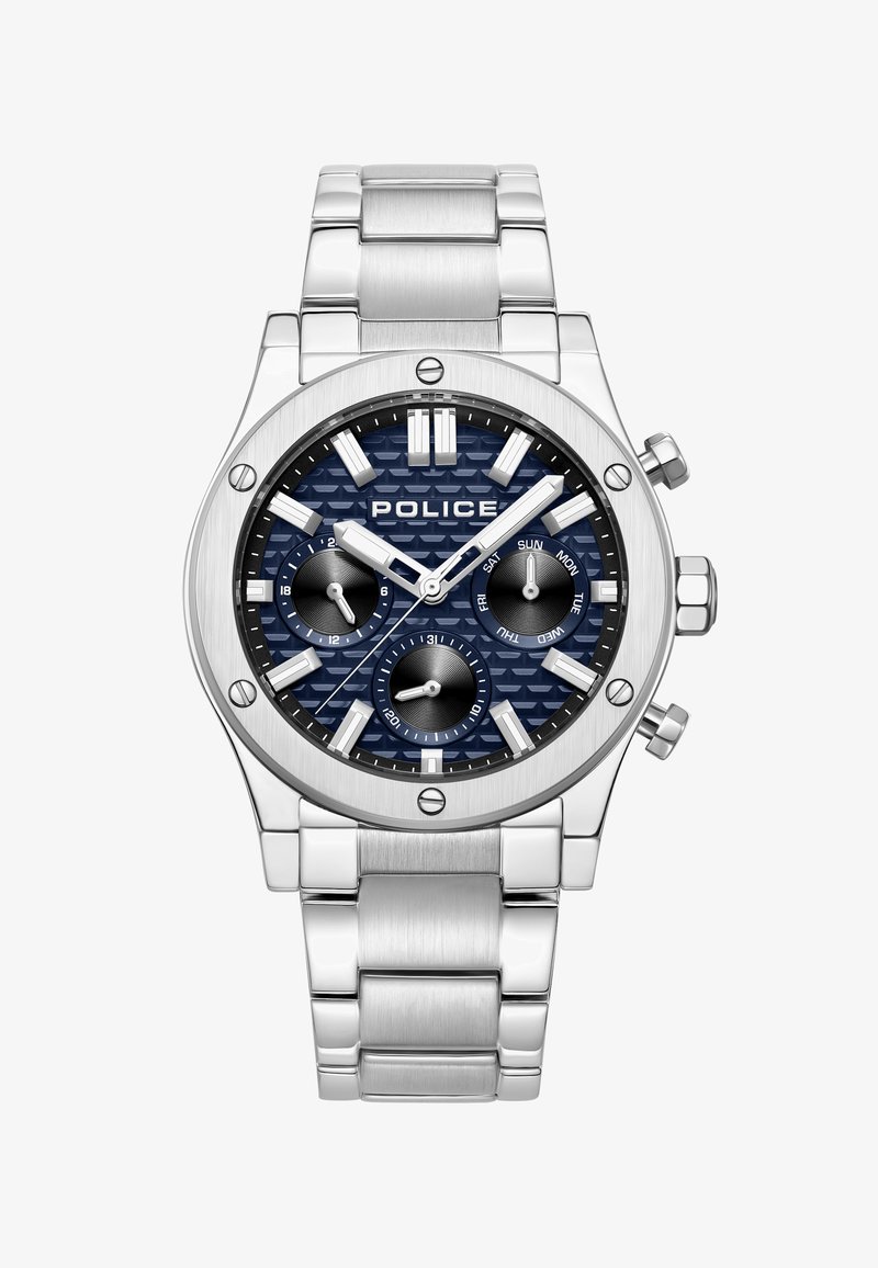 Silverfärgad klocka i rostfritt stål med en strukturerad marinblå urtavla, kronograffunktioner, tydliga timmarkeringar och en länkarmband.