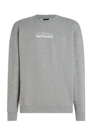 Grijze sweatshirt gemaakt van stof met een zachte textuur. Heeft een ronde hals, lange mouwen en witte tekst die luidt: "The Future Surf Society."