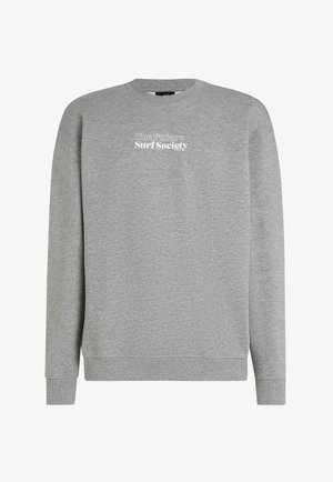 Gray sweatshirt made of fabric with a soft texture. Features a crew neck, long sleeves, and white text that reads "The Future Surf Society."