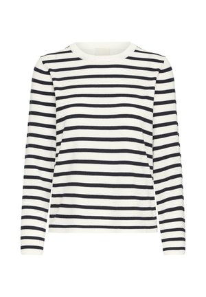 Dugi prugasti pulover u bijeloj i mornarsko plavoj boji, s okruglim izrezom i rebrastim manžetnama, izrađen od mekane, glatke tkanine.