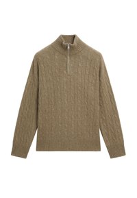 Pullover con lavorazione a trecce in beige, con colletto alto e zip frontale. Polsini e orlo a coste, realizzato in un morbido tessuto testurizzato.