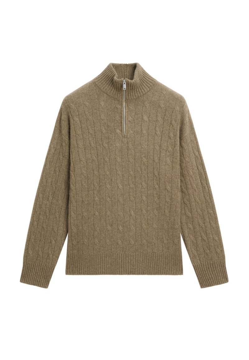 Pullover con lavorazione a trecce in beige, con colletto alto e zip frontale. Polsini e orlo a coste, realizzato in un morbido tessuto testurizzato.