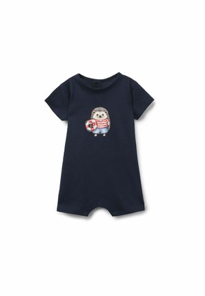 Marineblauw babyrompertje met korte mouwen met een cartoon egel die reddingsuitrusting draagt en een reddingsboei vasthoudt.