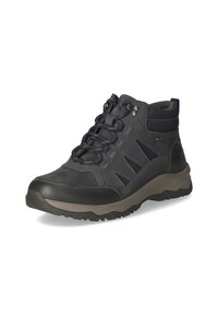 Bottes de randonnée noires avec un design montante, en matériau synthétique, col rembourré et semelle en caoutchouc. Présente des œillets métalliques et des accents en maille.