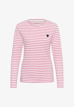 Biała koszula z długim rękawem w poziome różowe paski oraz małe czarne serce na lewej piersi, z kołnierzem typu crew neck.