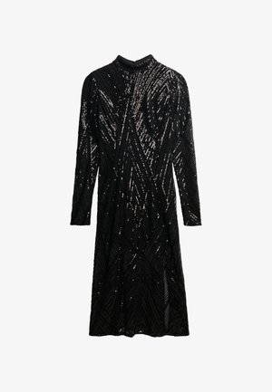 Czarna sukienka z długimi rękawami, wysokim dekoltem i geometrycznym wzorem z cekinów. Posiada lekko rozszerzany dół i teksturowany materiał.